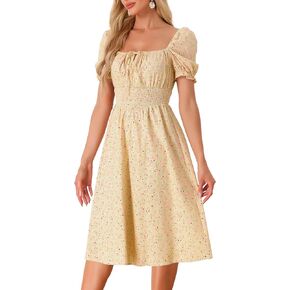 Allegra K Summer Floral Dress for Women's Puff Sleeve Square Neck Midi Smocked Dresses