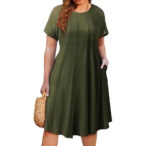 Eytino Womens Plus Size Dress Lace Short Sleeve Crewneck Casual Pleated Swing Midi Dresses with Pockets(1X-5X)