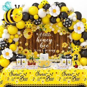 Winrayk 133Pcs Bee Baby Shower Decorations Bumble Bee Themed Baby Shower, Honey Bee Balloon Arch Sweet As Can Bee Tablecloth Backdrop Bee Wall Decor, Birthday Party Supplies Boy Girl Baby Shower Decor