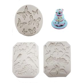 OKIES 3pcs Silicone Fondant Decorative Mold - Bird, Rose flower, Butterfly ideal for making cake decorations, polymer/Air dry clay/Soap craft.