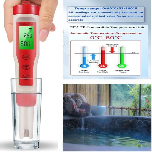 TDS Meter Digital Water Tester, Jakeloo 4-in-1 pH TDS EC Temp Water Tester for Drinking Water pH Meter for Water Tester High Accuracy, Ideal for Pool/Aquarium/Water/Wine (Red) in Saudi Arabia