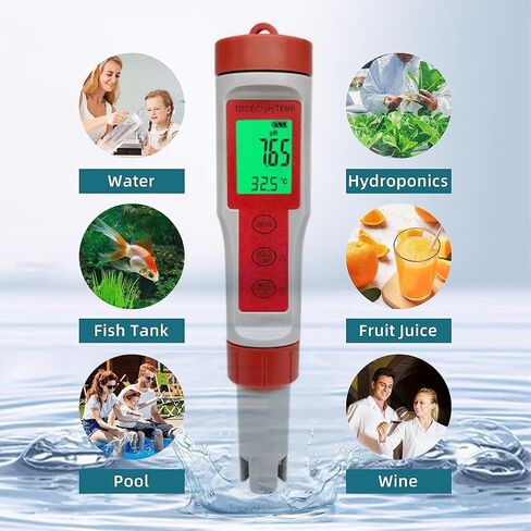 TDS Meter Digital Water Tester, Jakeloo 4-in-1 pH TDS EC Temp Water Tester for Drinking Water pH Meter for Water Tester High Accuracy, Ideal for Pool/Aquarium/Water/Wine (Red) in Saudi Arabia