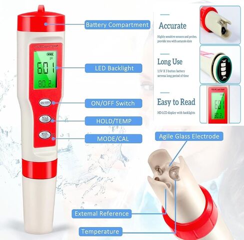 TDS Meter Digital Water Tester, Jakeloo 4-in-1 pH TDS EC Temp Water Tester for Drinking Water pH Meter for Water Tester High Accuracy, Ideal for Pool/Aquarium/Water/Wine (Red) in Saudi Arabia