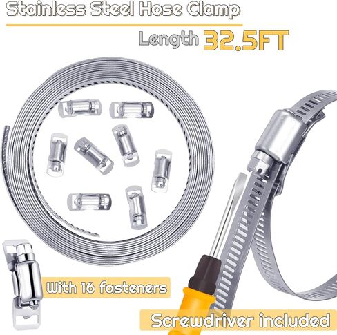 مجموعة متنوعة من مشابك خرطوم الفولاذ المقاوم للصدأ 304 قابلة للتعديل، ربط معدني بطول 32 قدمًا مع فتحات + 16 مثبتًا أقوى، مشابك خرطوم ترس دودي مع مفك براغي لأنابيب وكابلات السيارات in Kuwait