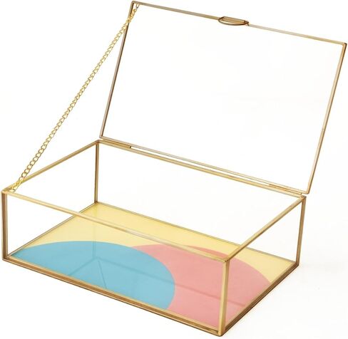 Glass Box, Color Geometry Design, Display Organizer with Hinged Lid, Keepsake Box for Storage Jewelry, Watches, Wedding Cards, Photos, Cosmetics. Rectangle (Large) in Saudi Arabia