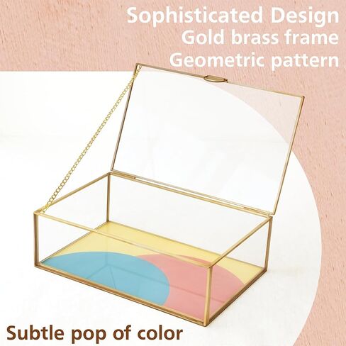 Glass Box, Color Geometry Design, Display Organizer with Hinged Lid, Keepsake Box for Storage Jewelry, Watches, Wedding Cards, Photos, Cosmetics. Rectangle (Large) in Saudi Arabia