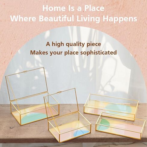Glass Box, Color Geometry Design, Display Organizer with Hinged Lid, Keepsake Box for Storage Jewelry, Watches, Wedding Cards, Photos, Cosmetics. Rectangle (Large) in Saudi Arabia