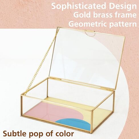 Glass Box, Color Geometry Design, Display Organizer with Hinged Lid, Keepsake Box for Storage Jewelry, Watches, Wedding Cards, Photos, Cosmetics. Rectangle (Large) in Saudi Arabia