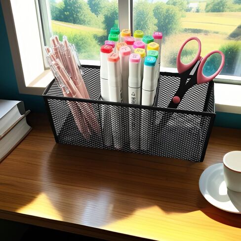 Black Mesh Pencil Holder, Metal Mesh Desk Organize for Pens, Kitchen Utensil Desk Storage,3 Compartments, Small Elegant Office Desk Supplies Organizer, 8.86 x 3.15 x3 .74 inch, Black in Saudi Arabia
