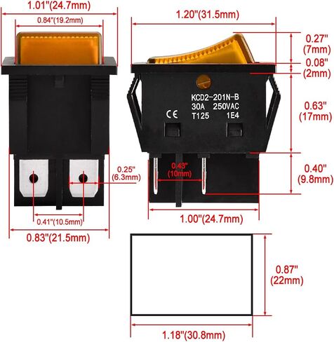 High Current Rocker Switch, 30A 250VAC, ON-OFF 2 Position, DPST, 4 Terminals, T125, with Waterproof Cover (2, Orange), KCD2-201N-B in Saudi Arabia