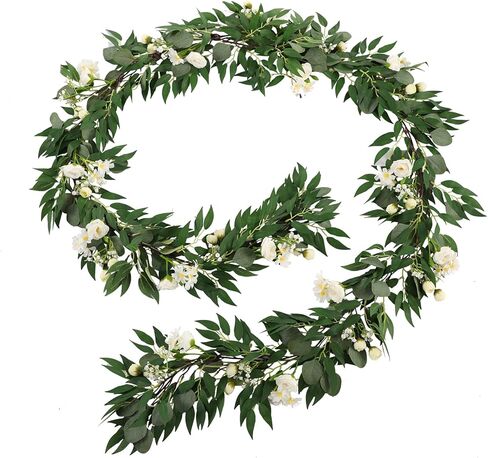 Misspin 2pcs الأوكالبتوس الصناعي والصفصاف الأغصان أوراق إكليل، إكليل مصنوع يدويًا مع زهور لقوس الزفاف الأخضر إكليل خلفية مفرش طاولة ديكور الزفاف (أحمر بورجوندي، 2) in Kuwait