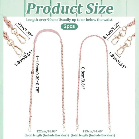 WADORN 2 Styles Braided Leather Bag Straps, Metal PU Leather Woven Crossbody Bag Chain Handbag Chains Purse Straps Shoulder Cross Body Replacement Strap, Pink in Saudi Arabia