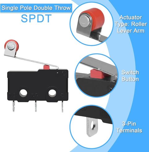 SDTC Tech Micro Limit Switch with Momentary Roller Lever Arm KW12-3 AC 250V 5A SPDT 1NO 1NC Microswitch Normally Open Closed Limit Switch 3 Pins (10 Pieces) in Saudi Arabia