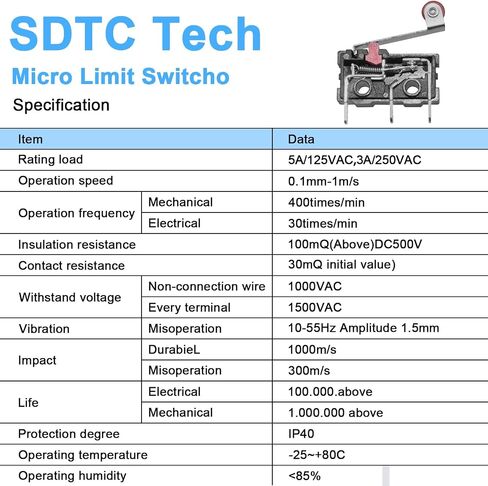 SDTC Tech Micro Limit Switch with Momentary Roller Lever Arm KW12-3 AC 250V 5A SPDT 1NO 1NC Microswitch Normally Open Closed Limit Switch 3 Pins (10 Pieces) in Saudi Arabia