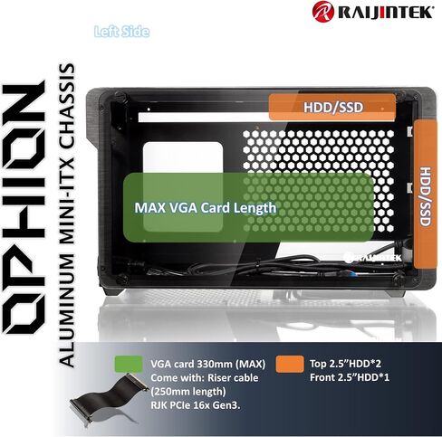 RAIJINTEK OPHION SFF PC Case (Mini-ITX) with Tempered Glass, Max. 330mm VGA Card, ATX PSU, Type-C Hub, Riser Card, 3x2.5" HDD, Magnetic Design Dust Filter in Saudi Arabia