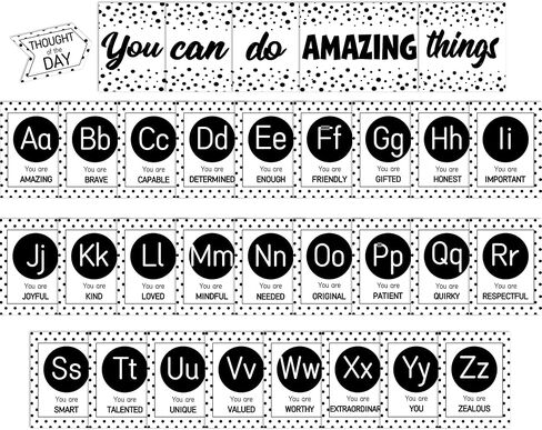 Bulletin Board Letters - ABC Alphabet with Growth Mindset Posters, Black and White Dual-Purpose Resource Motivational Banner English Learning Poster School Classroom Wall Decor for Preschool Supplies in Kuwait