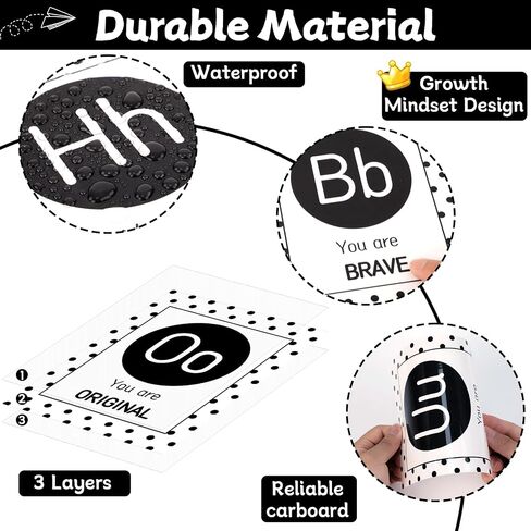 Bulletin Board Letters - ABC Alphabet with Growth Mindset Posters, Black and White Dual-Purpose Resource Motivational Banner English Learning Poster School Classroom Wall Decor for Preschool Supplies in Kuwait