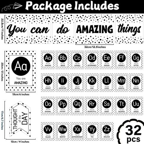 Bulletin Board Letters - ABC Alphabet with Growth Mindset Posters, Black and White Dual-Purpose Resource Motivational Banner English Learning Poster School Classroom Wall Decor for Preschool Supplies in Kuwait