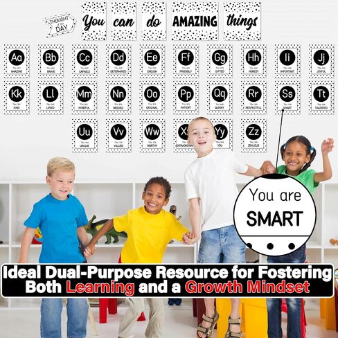 Bulletin Board Letters - ABC Alphabet with Growth Mindset Posters, Black and White Dual-Purpose Resource Motivational Banner English Learning Poster School Classroom Wall Decor for Preschool Supplies in Kuwait
