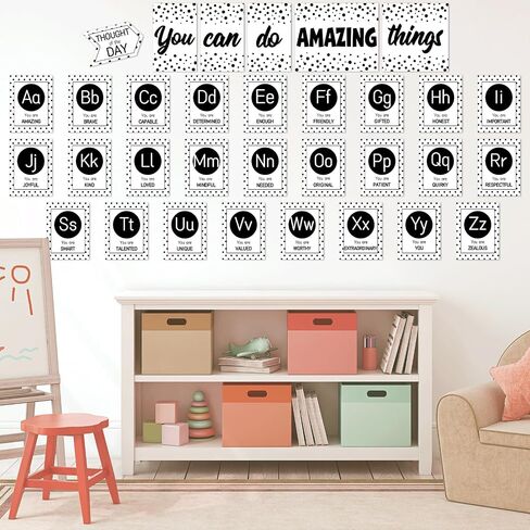 Bulletin Board Letters - ABC Alphabet with Growth Mindset Posters, Black and White Dual-Purpose Resource Motivational Banner English Learning Poster School Classroom Wall Decor for Preschool Supplies in Kuwait