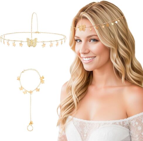DOCILA Head Chain Finger Ring Bracelet Set Hand Jewelry Gold Hair Chains Headbands Festival Parties Wedding Costume Hair Accessories For Women and Girls in Saudi Arabia