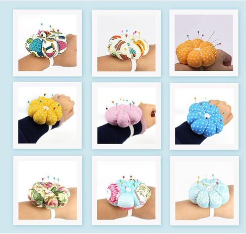 2PCS Polka Dot Pumpkin Wrist Pin Cushion Pincushion Wearable Needle Pincushions with Adjustable Elastic Strap for Sewing (Blue/Pink) in Saudi Arabia