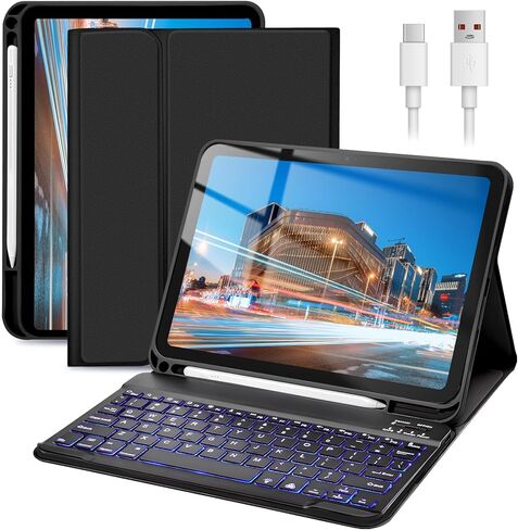 iPad Keyboard Case 10th Generation 2022 10.9" - 7 Color Backlit, Detachable Bluetooth Keyboard, Sturdy Folio Leather Case with Ergonomic Viewing Angles & Pencil Holder - Metallic Black in Kuwait