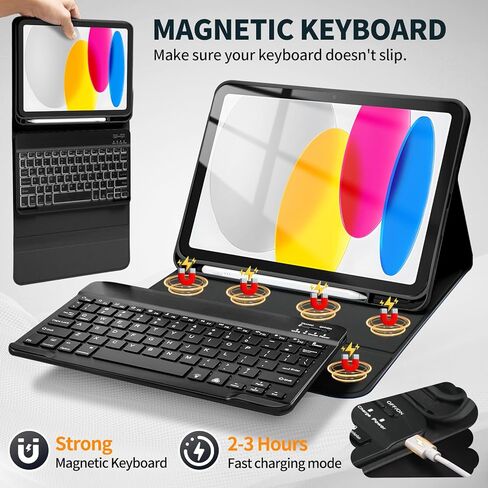 iPad Keyboard Case 10th Generation 2022 10.9" - 7 Color Backlit, Detachable Bluetooth Keyboard, Sturdy Folio Leather Case with Ergonomic Viewing Angles & Pencil Holder - Metallic Black in Kuwait