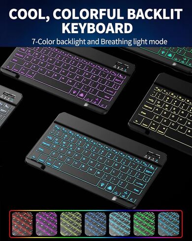 iPad Keyboard Case 10th Generation 2022 10.9" - 7 Color Backlit, Detachable Bluetooth Keyboard, Sturdy Folio Leather Case with Ergonomic Viewing Angles & Pencil Holder - Metallic Black in Kuwait