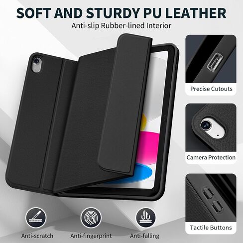 iPad Keyboard Case 10th Generation 2022 10.9" - 7 Color Backlit, Detachable Bluetooth Keyboard, Sturdy Folio Leather Case with Ergonomic Viewing Angles & Pencil Holder - Metallic Black in Kuwait