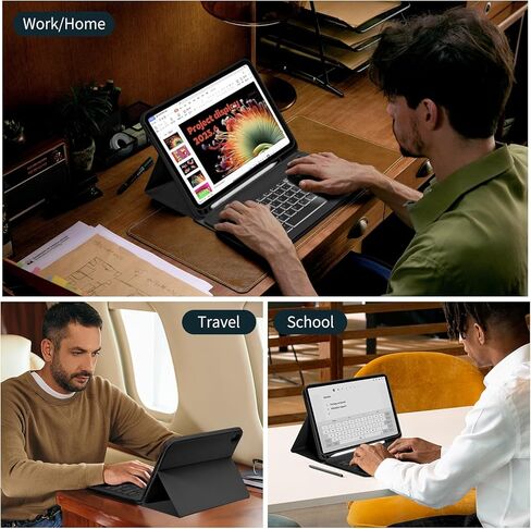 iPad Keyboard Case 10th Generation 2022 10.9" - 7 Color Backlit, Detachable Bluetooth Keyboard, Sturdy Folio Leather Case with Ergonomic Viewing Angles & Pencil Holder - Metallic Black in Kuwait