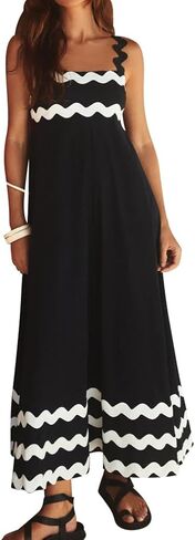 Summer Dresses for Women 2024 Rickrack Trim Spaghetti Straps Smocked Boho Flowy Loose A-Line Maxi Dress in Kuwait