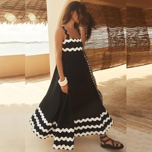 Summer Dresses for Women 2024 Rickrack Trim Spaghetti Straps Smocked Boho Flowy Loose A-Line Maxi Dress in Kuwait