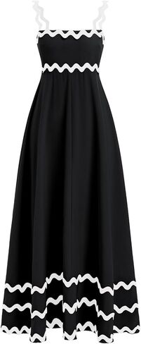 Summer Dresses for Women 2024 Rickrack Trim Spaghetti Straps Smocked Boho Flowy Loose A-Line Maxi Dress in Kuwait