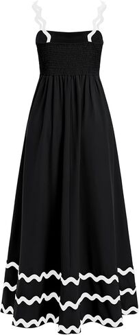 Summer Dresses for Women 2024 Rickrack Trim Spaghetti Straps Smocked Boho Flowy Loose A-Line Maxi Dress in Kuwait