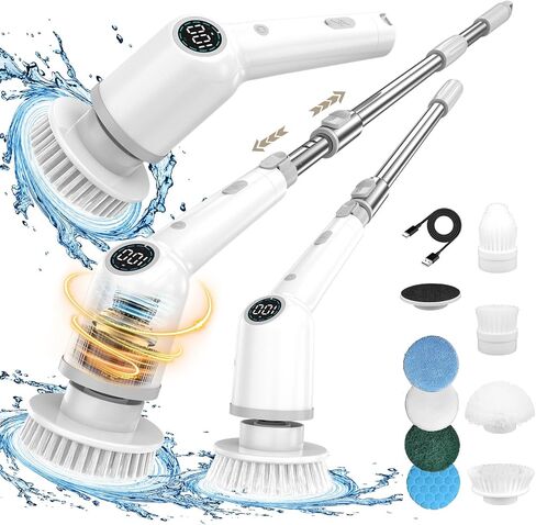 منظف ​​دوار كهربائي، منظف دش لاسلكي مع 8 رؤوس فرشاة قابلة للاستبدال، فرشاة تنظيف قوية للحمام بمقبض طويل، 3 سرعات قابلة للتعديل لأرضية المطبخ في حوض الاستحمام in Kuwait