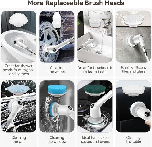 منظف ​​دوار كهربائي، منظف دش لاسلكي مع 8 رؤوس فرشاة قابلة للاستبدال، فرشاة تنظيف قوية للحمام بمقبض طويل، 3 سرعات قابلة للتعديل لأرضية المطبخ في حوض الاستحمام in Kuwait