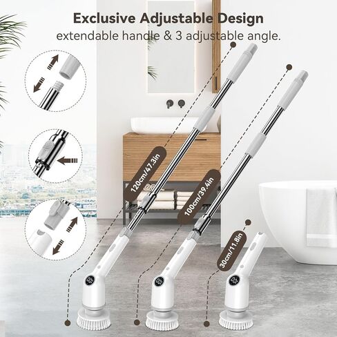 منظف ​​دوار كهربائي، منظف دش لاسلكي مع 8 رؤوس فرشاة قابلة للاستبدال، فرشاة تنظيف قوية للحمام بمقبض طويل، 3 سرعات قابلة للتعديل لأرضية المطبخ في حوض الاستحمام in Kuwait