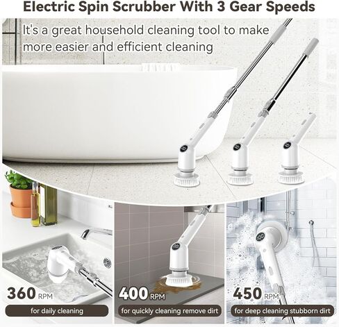 منظف ​​دوار كهربائي، منظف دش لاسلكي مع 8 رؤوس فرشاة قابلة للاستبدال، فرشاة تنظيف قوية للحمام بمقبض طويل، 3 سرعات قابلة للتعديل لأرضية المطبخ في حوض الاستحمام in Kuwait