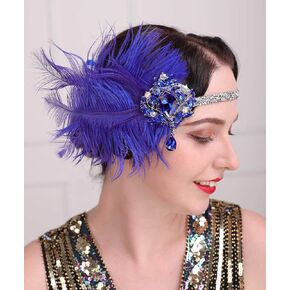 1920s Headpiece Flapper Feather Headband Royal Blue Crystal Feather Great Gatsby Headpiece Roaring 20s Hair Accessories for Women Prom Party Festival