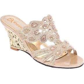 Women's Crystal Rhinestone Peacock Patterned Handmade Sandals Platform Wedge Dress Sandals Slippers