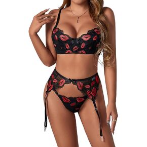 WDIRARA Women's 3 Piece Lip Print Exotic Lingerie Set Spaghetti Strap Underwire Garter Belt with Thong Set