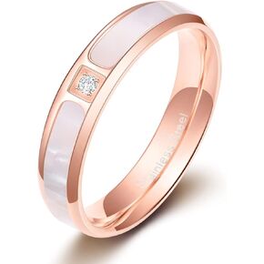 Women Rose Gold Stainless Steel Wedding Bands with White Shell Inlay Engagement Promise Ring 3.5mm/5.5mm/ 2.5-4mm Cross