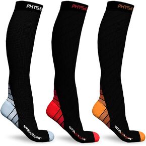 Physix Gear Sport 3 Pairs of Compression Socks for Men & Women in (Black/Grey + Black/Orange Black/Red) S-M Size