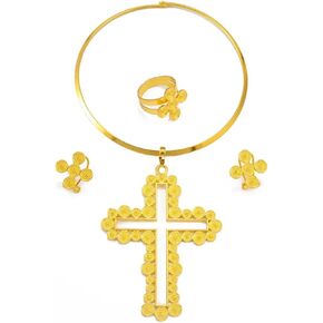 N-Made Beautifull Ethiopian Jewelry - Ethiopian Cross - Ethiopian Jewelry for Women Set - African Cross Necklace Earrings Ring Jewelry Sets Gold Color Ethiopian Eritrean Holiday Party Ornaments