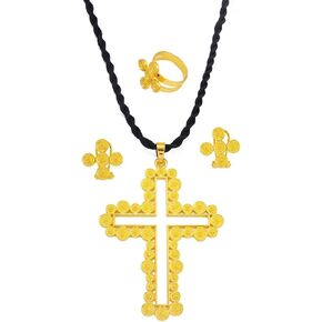 N-Made Beautifull Ethiopian Jewelry - Ethiopian Cross - Ethiopian Jewelry for Women Set - African Cross Necklace Earrings Ring Jewelry Sets Gold Color Ethiopian Eritrean Holiday Party Ornaments