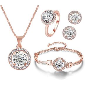 Jewelry Set for Women 4Pieces Cubic Zirconia Jewellery Set Rhinestone Crystal Necklace Earrings Bracelet Ring Set for Bride Wedding Party