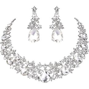 BriLove Women's Wedding Bridal Crystal Cluster Leaf Vine Teardrop Statement Necklace Dangle Earrings Set