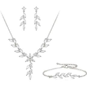 EVER FAITH Wedding CZ Jewelry Set for Bride Bridesmaid, Sparkly Marquise Cubic Zirconia Vine Leaf Necklace Fishhook Earrings Set