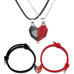 JczR.Y Couple Bracelet Necklace Set Mutual Attraction Love Heart Bracelet Matching Wishing Stone Stitching Love Heart Necklace Pendant for Him And Her Women Friendship Rope Jewelry 4Pcs